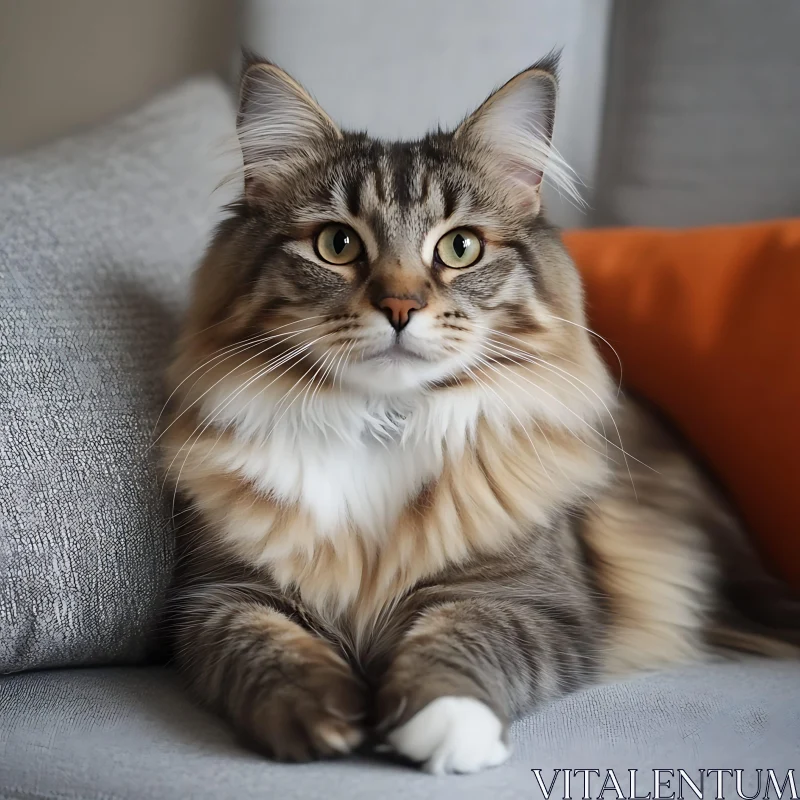 Beautiful Tabby Cat with Green Eyes on a Couch AI Image