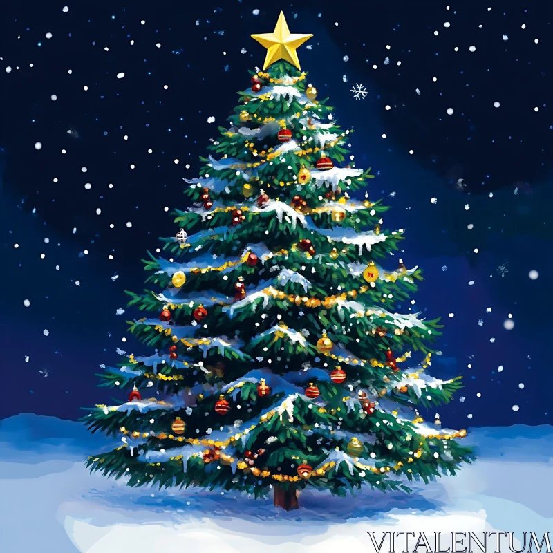 Festive Christmas Tree Under Starry Sky AI Image