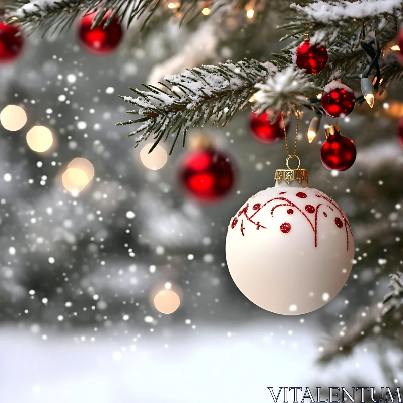 Christmas Tree Branch with Ornaments and Snowflakes AI Image