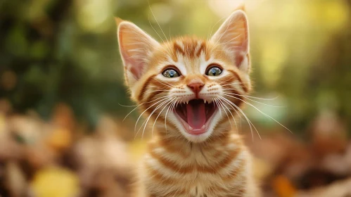 Ginger Kitten Meowing in Autumn Setting