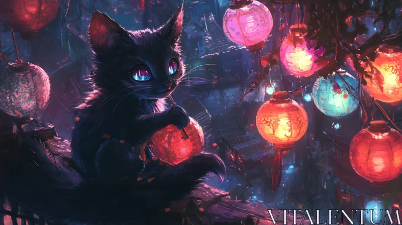 Black Cat with Lanterns in a Magical Nightscape AI Image