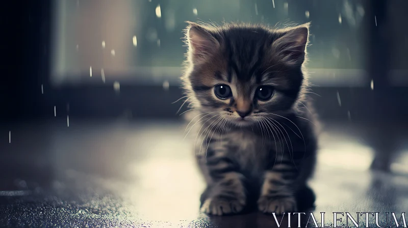 Cute Kitten Sitting on Damp Floor During Rain AI Image