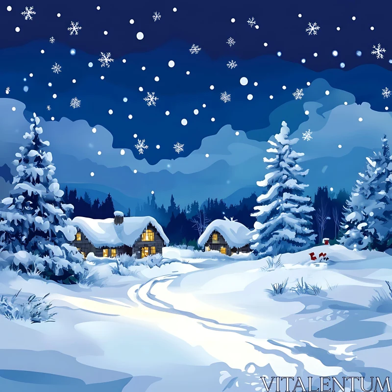 Snowy Winter Night Under Starry Sky AI Image