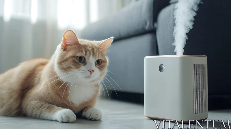 Ginger Cat Relaxing by Humidifier in Living Room AI Image