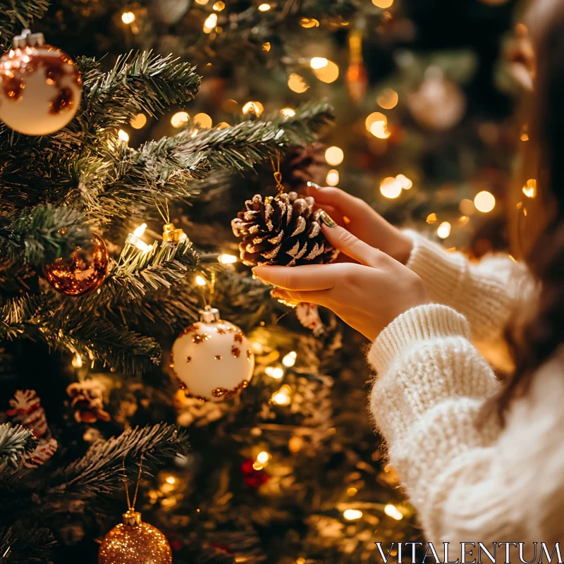 Magical Holiday Tree Decoration with Pinecones and Fairylights AI Image