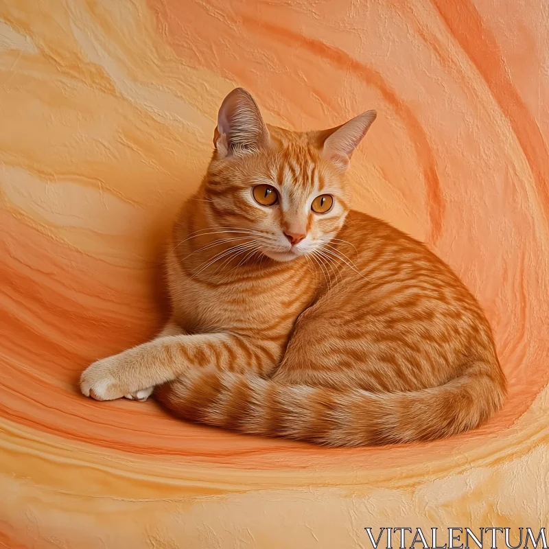 Resting Ginger Feline on Textured Orange Background AI Image