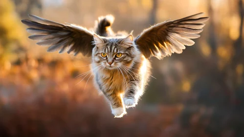 Winged Cat Soaring Through Sunlit Woods