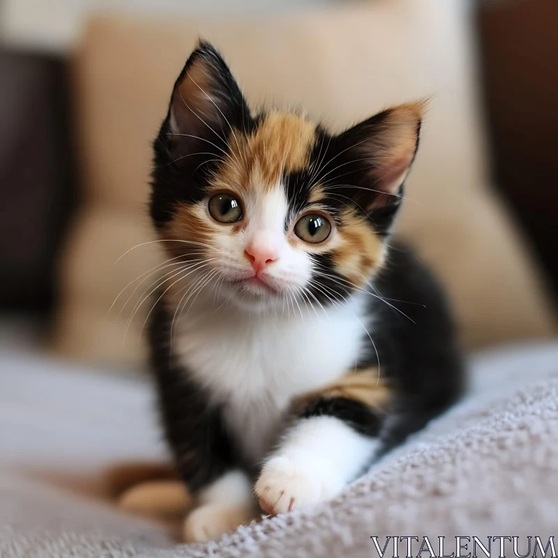 Cute Calico Kitten on Gray Blanket AI Image