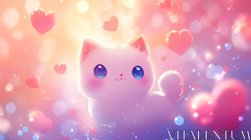 Fluffy Cat with Hearts AI Image