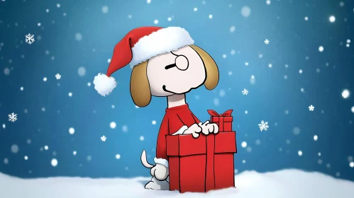 Holiday-Themed Cartoon Dog with Gifts and Santa Hat