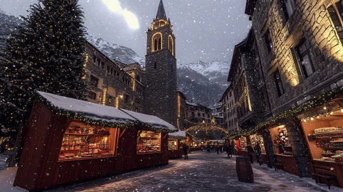 Festive Christmas Market in a Snowy Village