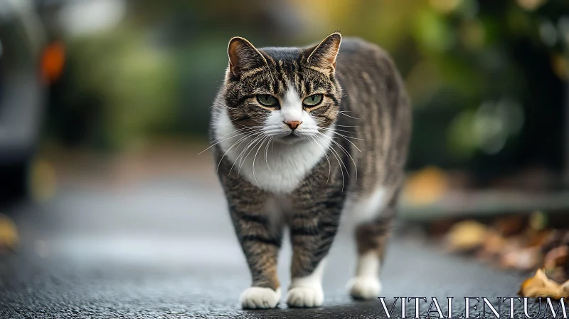 Tabby Cat on a Walk in Autumn Scenery AI Image