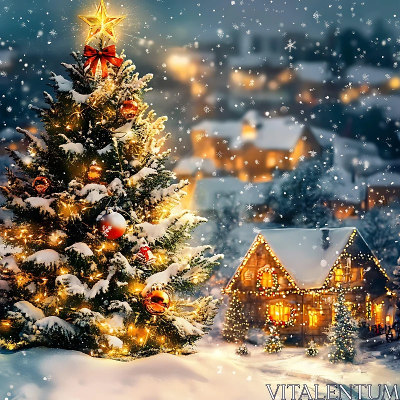 Snow-Covered Christmas Scene with Festive Decorations AI Image