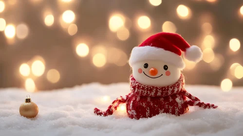 Festive Snowman in Snow with Golden Ornament and Cozy Lights