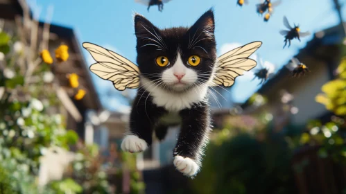 Magical Kitten Soaring with Bees in Enchanted Garden