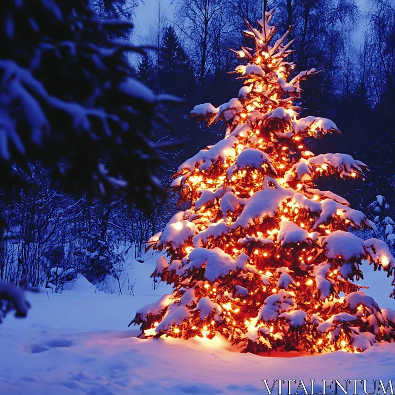 Illuminated Christmas Tree in Snowy Evening Forest AI Image