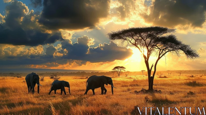 African Savanna Landscape with Elephants at Sunset AI Image