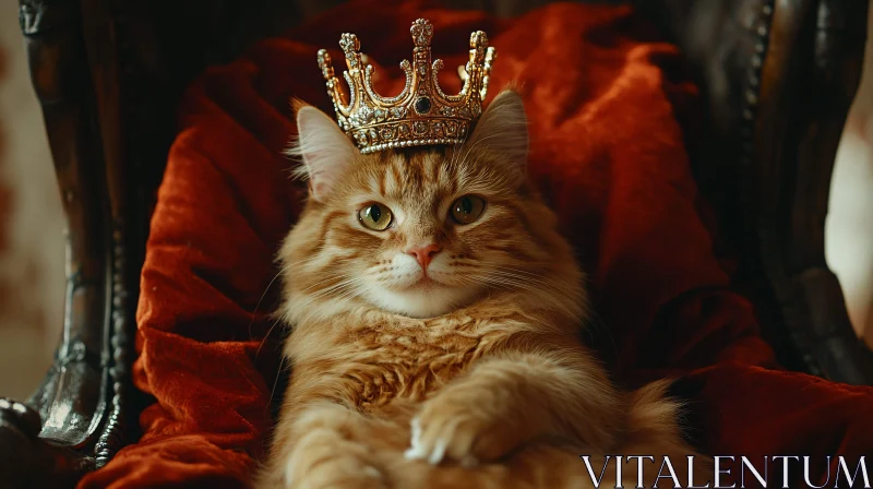 AI ART Royal Cat with Golden Crown and Red Velvet Cushion