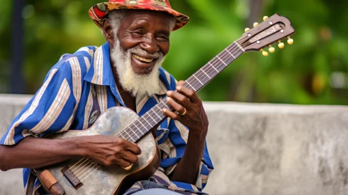 Captivating Image of an Old Man Playing Guitar in Traditional Arts Style