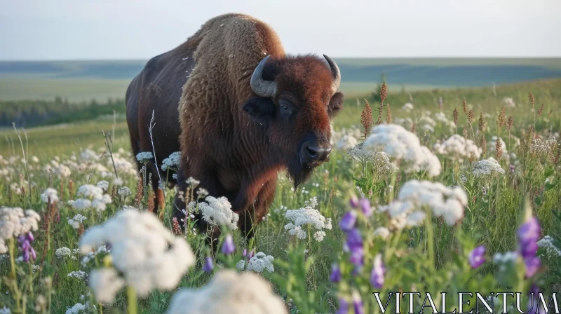 Close-Up of Bison in Flower Field | Nature Photography AI Image