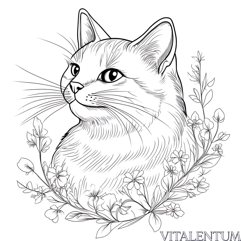 Intricate Cat Drawing with Flowers AI Image