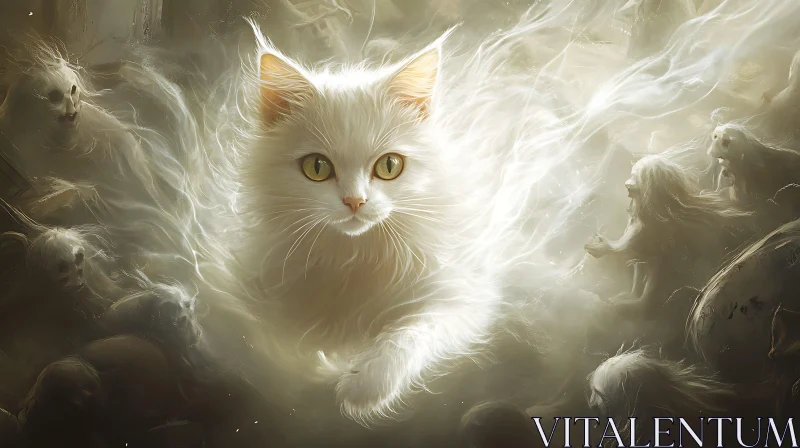 Ethereal Scene with White Cat and Ghostly Figures AI Image