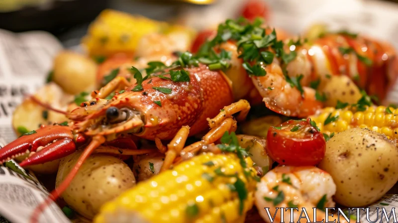 Delicious Seafood Plate: Lobster, Shrimp, Corn, and Potatoes AI Image