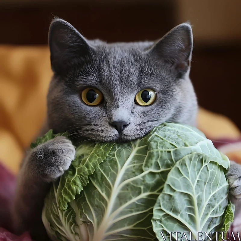 Gray Cat with Yellow Eyes and Cabbage AI Image