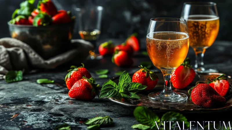 AI ART Elegant Still Life: Glass of Champagne and Strawberries