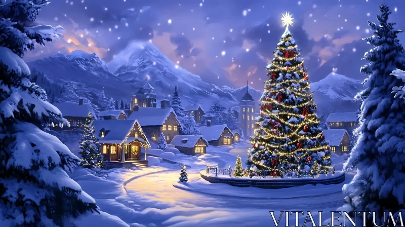 Cozy Village Christmas Evening AI Image