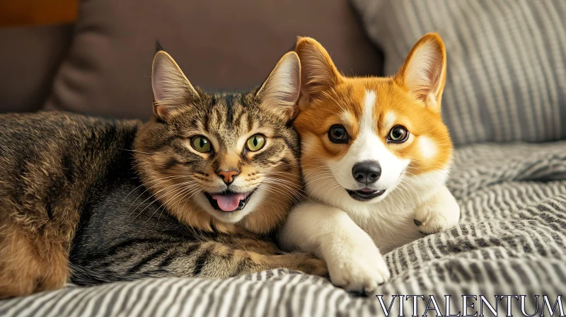 Cat and Dog Cuddling in Cozy Bed AI Image