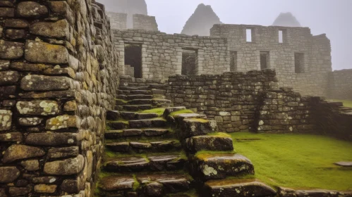Machu Picchu: Terracotta Tile and Stone Staircases in Misty Atmosphere