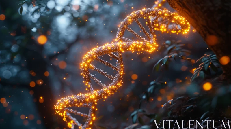 Mesmerizing DNA Strand Illuminates Forest in Orange and Gold AI Image