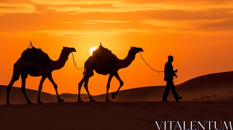 Mesmerizing Sunset: Two Camels Walking in the Desert - Illusory Art AI Image