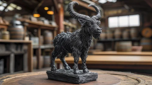 Metal Goat 3D Rendering on Wooden Stump | Realistic Artwork