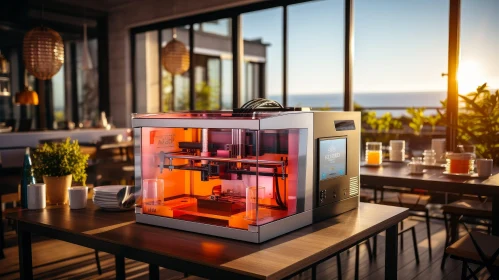 Modern 3D Printer in Sunlit Room with Ocean View
