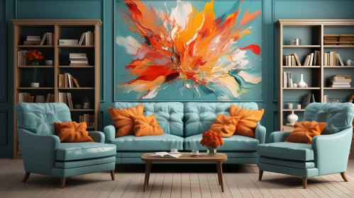 Modern Living Room Decor with Abstract Painting and Blue Sofa