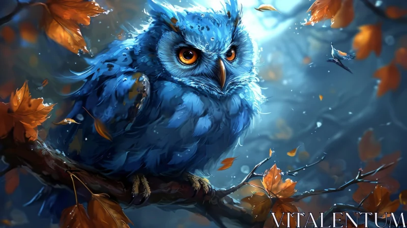 Mystical Owl Digital Painting: Blue Feathers, Full Moon, Night Sky AI Image