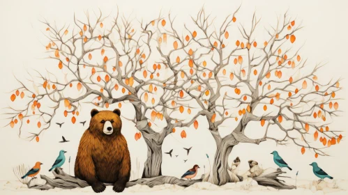 Perspective Rendering of Bear and Birds on a Tree - Ottoman Art