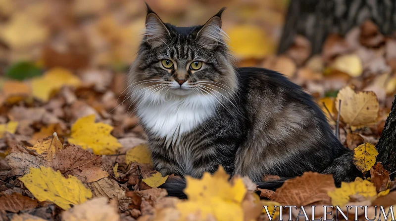 Cat Amidst Fall Foliage AI Image