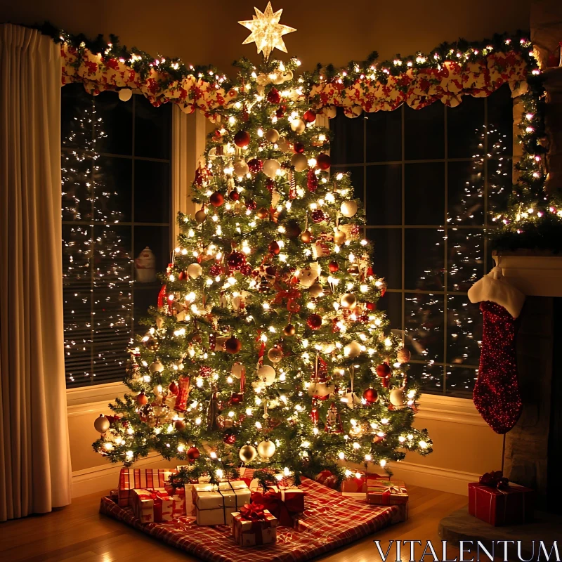 Holiday Decor with Beautifully Lit Christmas Tree AI Image