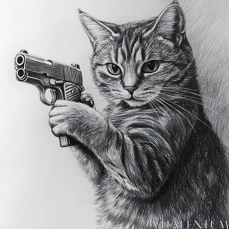 Artistic Sketch of a Cat with a Gun AI Image