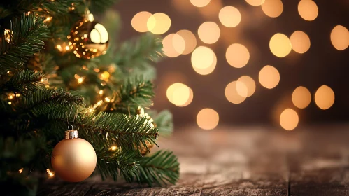 Golden Ornaments on Christmas Tree with Bokeh Lights