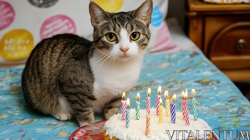 Curious Cat and Birthday Cake with Candles AI Image