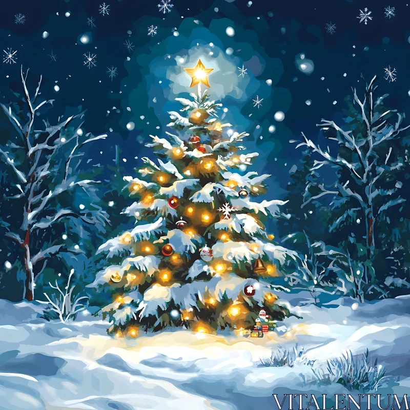 AI ART Magical Christmas Tree in Snowy Landscape