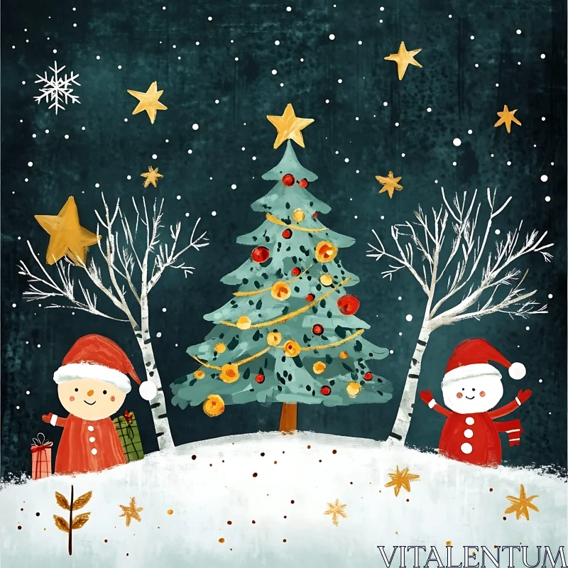 Joyful Christmas Scene with Tree, Santa, and Snowman AI Image