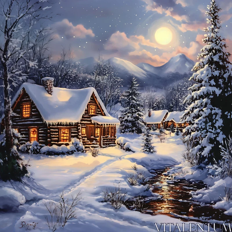 Snowy Cabin Retreat Under Moonlit Winter Sky AI Image