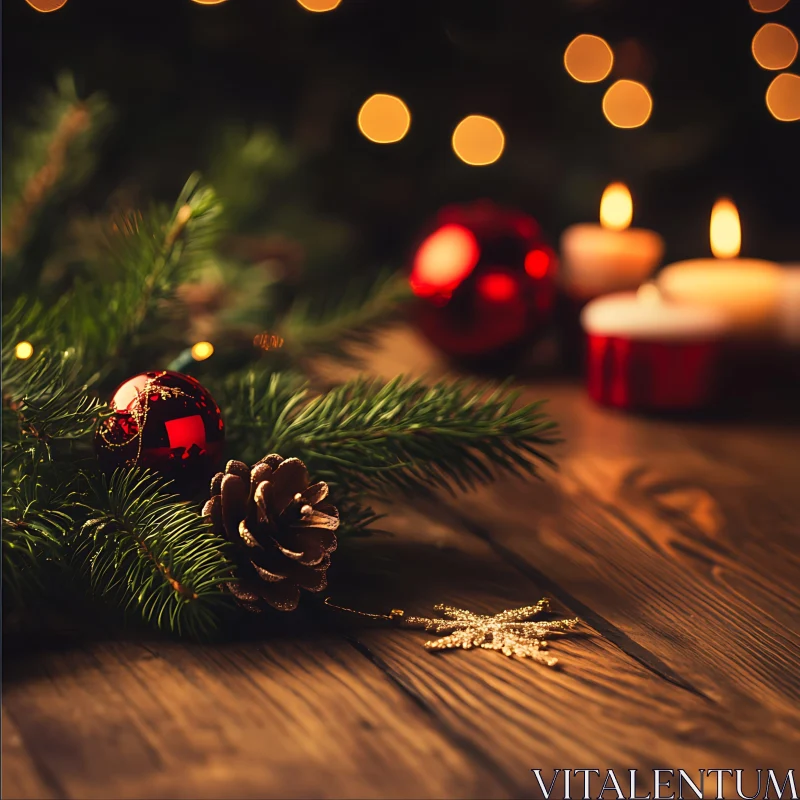 Warm Holiday Scene with Pine Branch and Candles AI Image