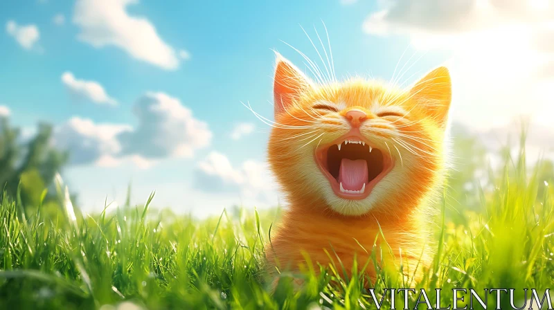 Happy Orange Kitten in Lush Green Field AI Image