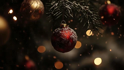 Festive Red Bauble on Pine Tree